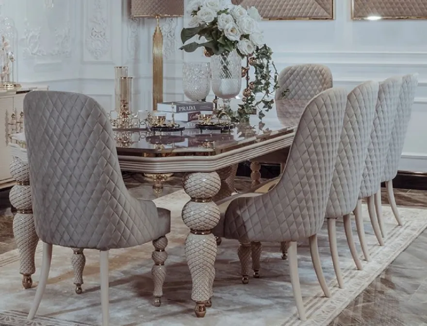 Casa Padrino Luxus Art Deco Esszimmer Set Grau / Weiß / Gold - 1 Art Deco Esstisch mit Kunstmarmor Tischplatte & 8 Art Deco Esszimmerstühle - Art Deco Esszimmer Möbel - Luxus Qualität