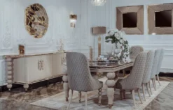 Casa Padrino Luxus Art Deco Esszimmer Set Grau / Weiß / Gold - 1 Art Deco Esstisch mit Kunstmarmor Tischplatte & 8 Art Deco Esszimmerstühle - Art Deco Esszimmer Möbel - Luxus Qualität
