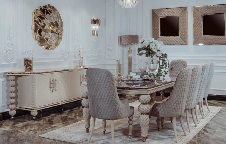 Casa Padrino Luxus Art Deco Esszimmer Set Grau / Weiß / Gold - 1 Art Deco Esstisch mit Kunstmarmor Tischplatte & 8 Art Deco Esszimmerstühle - Art Deco Esszimmer Möbel - Luxus Qualität