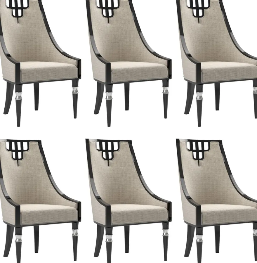 Casa Padrino Luxus Art Deco Esszimmer Stuhl Set Beige / Schwarz / Silber 55 x 55 x H. 105 cm - Edles Küchen Stühle 6er Set - Art Deco Esszimmer Möbel