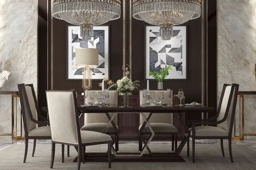 Casa Padrino Luxus Art Deco Esszimmer Set Beige / Dunkelbraun Hochglanz / Gold - 1 Esszimmertisch & 6 Esszimmerstühle - Art Deco Esszimmer Möbel - Luxus Qualität