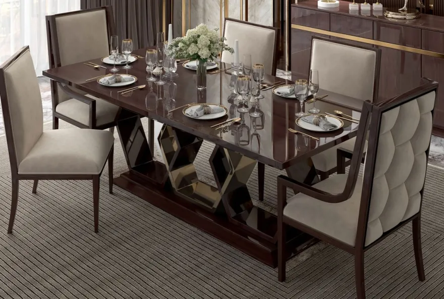 Casa Padrino Luxus Art Deco Esszimmer Set Beige / Dunkelbraun Hochglanz / Gold - 1 Esszimmertisch & 6 Esszimmerstühle - Art Deco Esszimmer Möbel - Luxus Qualität
