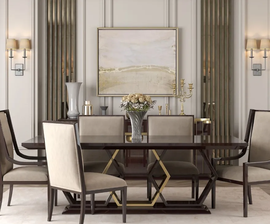 Casa Padrino Luxus Art Deco Esszimmer Set Beige / Dunkelbraun Hochglanz / Gold - 1 Esszimmertisch & 6 Esszimmerstühle - Art Deco Esszimmer Möbel - Luxus Qualität