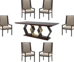 Casa Padrino Luxus Art Deco Esszimmer Set Beige / Dunkelbraun Hochglanz / Gold - 1 Esszimmertisch & 6 Esszimmerstühle - Art Deco Esszimmer Möbel - Luxus Qualität