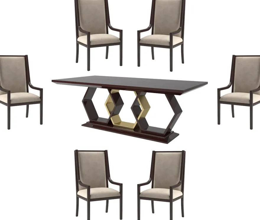 Casa Padrino Luxus Art Deco Esszimmer Set Beige / Dunkelbraun Hochglanz / Gold - 1 Esszimmertisch & 6 Esszimmerstühle - Art Deco Esszimmer Möbel - Luxus Qualität