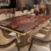Casa Padrino Luxus Art Deco Esstisch Braun / Beige / Gold 226 x 112 x H. 70 cm - Massivholz Küchentisch mit Tischplatte in Marmoroptik - Esszimmer Möbel - Art Deco Möbel - Luxus Möbel