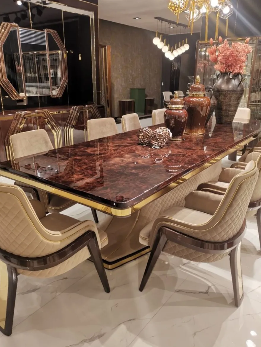 Casa Padrino Luxus Art Deco Esstisch Braun / Beige / Gold 226 x 112 x H. 70 cm - Massivholz Küchentisch mit Tischplatte in Marmoroptik - Esszimmer Möbel - Art Deco Möbel - Luxus Möbel