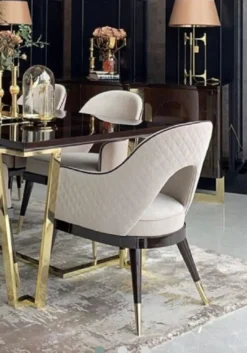 Casa Padrino Luxus Art Deco Esszimmerstuhl 8er Set Beige / Dunkelbraun / Gold 58 x 65 x H. 90 cm - Art Deco Esszimmer & Restaurant Möbel - Luxus Qualität