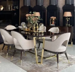 Casa Padrino Luxus Art Deco Esszimmerstuhl 8er Set Beige / Dunkelbraun / Gold 58 x 65 x H. 90 cm - Art Deco Esszimmer & Restaurant Möbel - Luxus Qualität