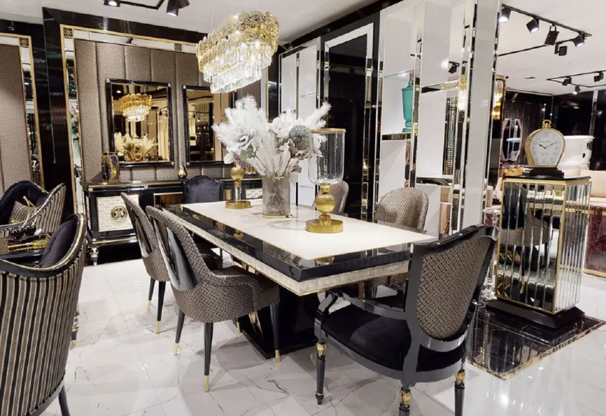 Casa Padrino Luxus Art Deco Esszimmer Stuhl Set Schwarz / Gold - Küchen Stühle 6er Set - Luxus Art Deco Esszimmer Möbel