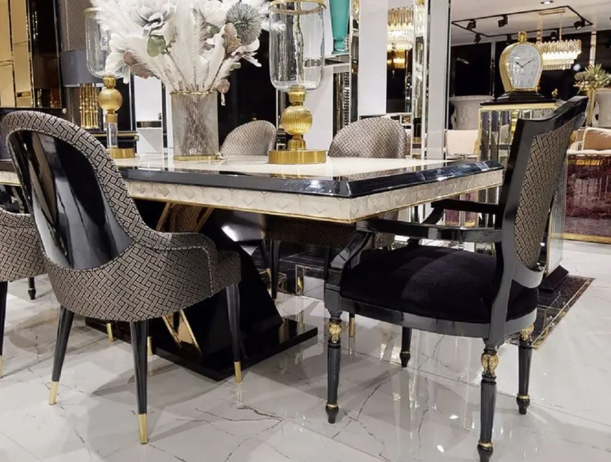 Casa Padrino Luxus Art Deco Esszimmer Stuhl Set Schwarz / Gold - Küchen Stühle 6er Set - Luxus Art Deco Esszimmer Möbel