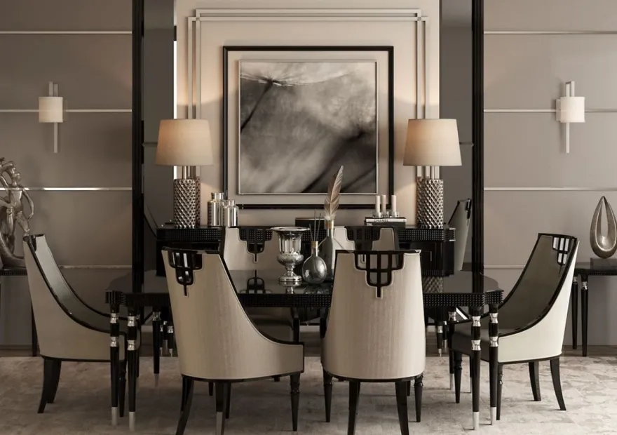 Casa Padrino Luxus Art Deco Esszimmer Set Grau / Schwarz / Silber - 1 Art Deco Esstisch & 6 Art Deco Esszimmer Stühle - Art Deco Esszimmer Möbel - Luxus Qualität
