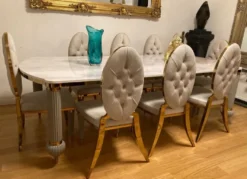 Casa Padrino Luxus Art Deco Esszimmerstuhl 4er Set Grau / Gold 50 x 58 x H. 109,5 cm - Elegante Küchenstühle - Esszimmer Möbel - Luxus Möbel - Art Deco Möbel - Luxus Einrichtung