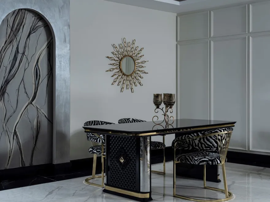 Casa Padrino Luxus Art Deco Esszimmer Set Schwarz / Gold - 1 Esstisch & 6 Esszimmerstühle - Art Deco Esszimmer Möbel - Luxus Qualität