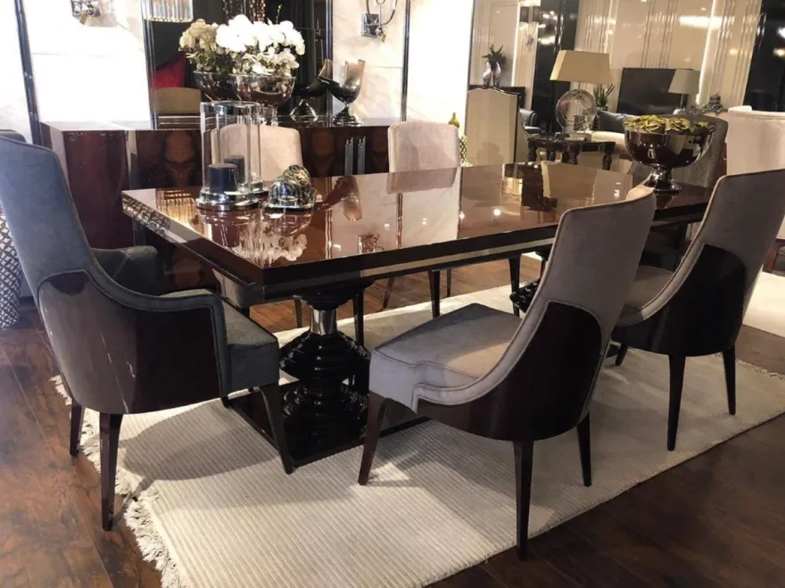 Casa Padrino Luxus Art Deco Esszimmer Stuhl Set Dunkelgrau / Dunkelbraun Hochglanz - Küchen Stühle 6er Set - Edle Art Deco Esszimmer Möbel