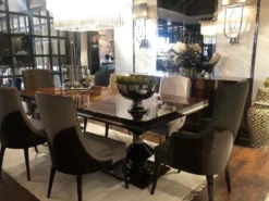 Casa Padrino Luxus Art Deco Esszimmer Stuhl Set Dunkelgrau / Dunkelbraun Hochglanz - Küchen Stühle 6er Set - Edle Art Deco Esszimmer Möbel