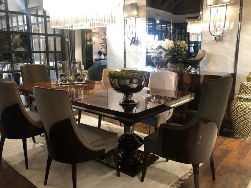 Casa Padrino Luxus Art Deco Esszimmer Stuhl Set Dunkelgrau / Dunkelbraun Hochglanz - Küchen Stühle 6er Set - Edle Art Deco Esszimmer Möbel