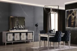 Casa Padrino Luxus Art Deco Esszimmer Set Dunkelblau / Weiß / Gold - 1 ausziehbarer Esszimmertisch & 6 Esszimmerstühle - Art Deco Esszimmer Möbel - Luxus Qualität