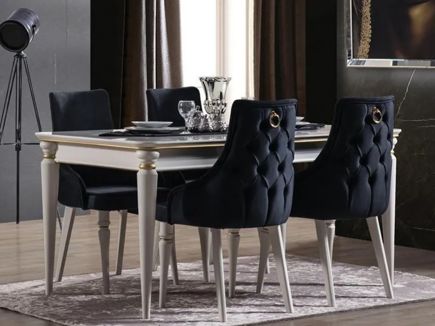 Casa Padrino Luxus Art Deco Esszimmer Set Dunkelblau / Weiß / Gold - 1 ausziehbarer Esszimmertisch & 6 Esszimmerstühle - Art Deco Esszimmer Möbel - Luxus Qualität