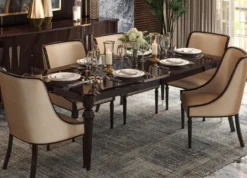 Casa Padrino Luxus Art Deco Esszimmer Set Beige / Dunkelbraun Hochglanz / Silber - 1 Art Deco Esstisch & 6 Art Deco Esszimmerstühle - Art Deco Esszimmer Möbel - Luxus Qualität