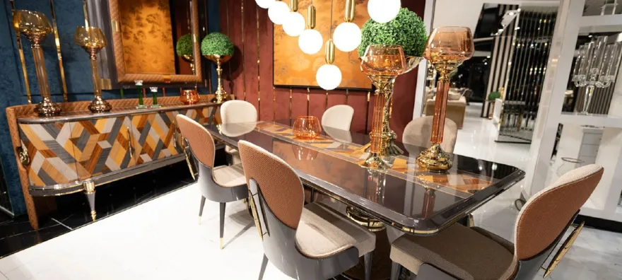 Casa Padrino Luxus Art Deco Esstisch Grau / Mehrfarbig / Braun / Gold - Luxus Art Deco Massivholz Küchentisch - Luxus Art Deco Esszimmer Möbel