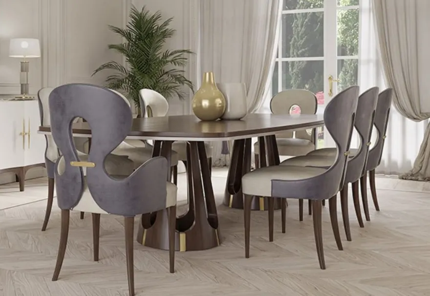 Casa Padrino Luxus Art Deco Esszimmer Set Grau / Lila / Braun / Gold - 1 Luxus Art Deco Esstisch & 8 Luxus Art Deco Esszimmerstühle - Art Deco Esszimmer Möbel - Luxus Qualität - Made in Italy