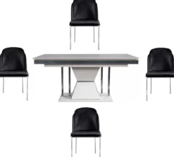 Casa Padrino Luxus Art Deco Esszimmer Set Schwarz / Weiß / Grau / Silber - 1 Esszimmertisch & 4 Esszimmerstühle - Edle Art Deco Esszimmer Möbel