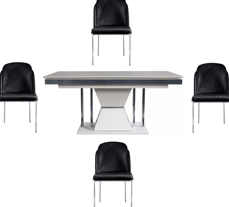 Casa Padrino Luxus Art Deco Esszimmer Set Schwarz / Weiß / Grau / Silber - 1 Esszimmertisch & 4 Esszimmerstühle - Edle Art Deco Esszimmer Möbel