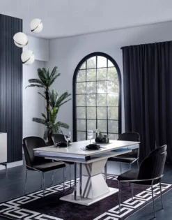 Casa Padrino Luxus Art Deco Esszimmer Set Schwarz / Weiß / Grau / Silber - 1 Esszimmertisch & 4 Esszimmerstühle - Edle Art Deco Esszimmer Möbel