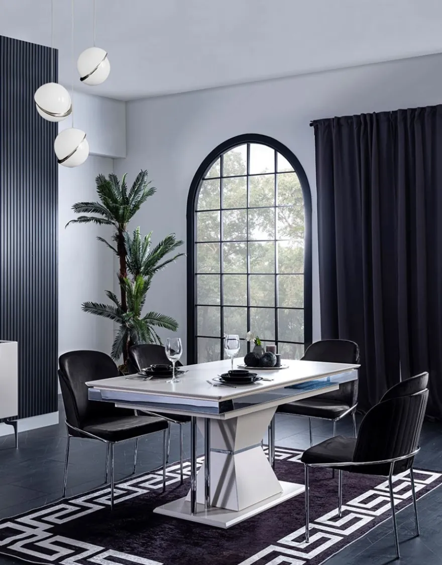 Casa Padrino Luxus Art Deco Esszimmer Set Schwarz / Weiß / Grau / Silber - 1 Esszimmertisch & 4 Esszimmerstühle - Edle Art Deco Esszimmer Möbel