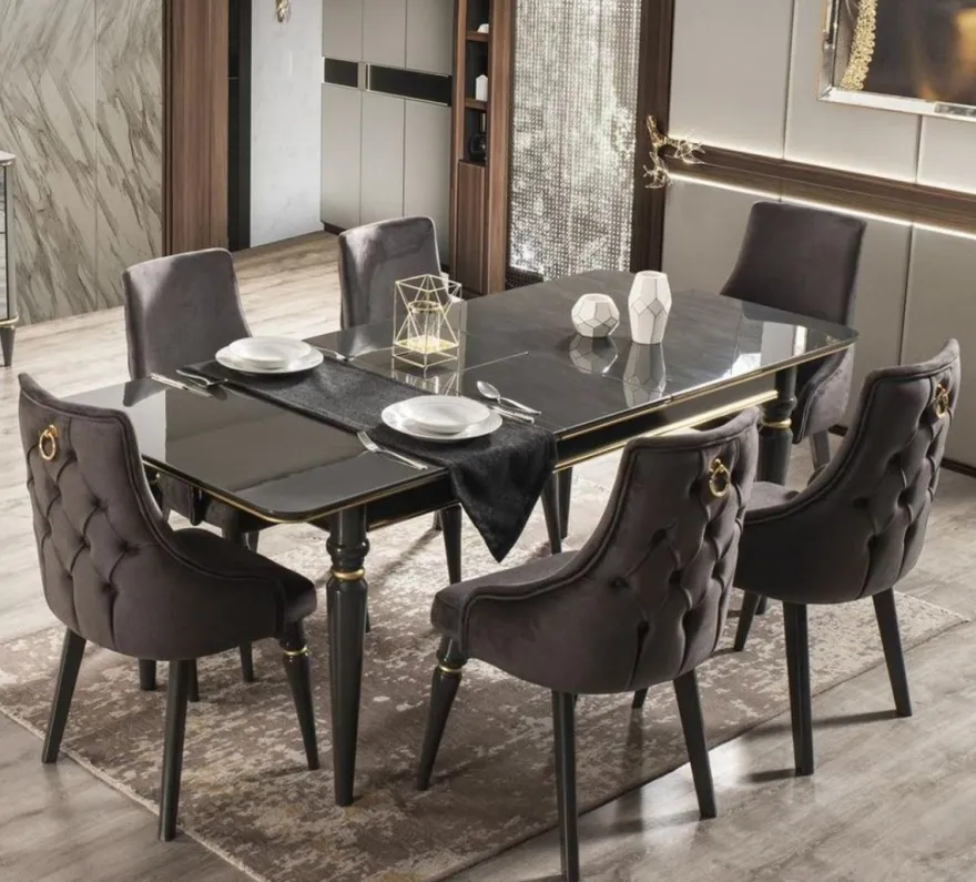 Casa Padrino Luxus Art Deco Esszimmer Set Grau / Gold - 1 ausziehbarer Esszimmertisch & 6 Esszimmerstühle - Art Deco Esszimmer Möbel - Luxus Qualität