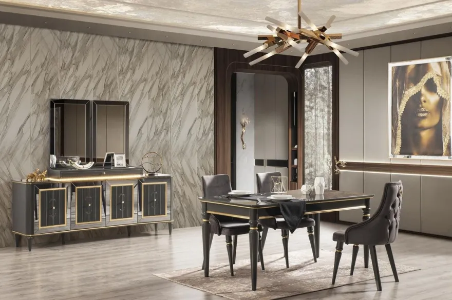 Casa Padrino Luxus Art Deco Esszimmer Set Grau / Gold - 1 ausziehbarer Esszimmertisch & 6 Esszimmerstühle - Art Deco Esszimmer Möbel - Luxus Qualität