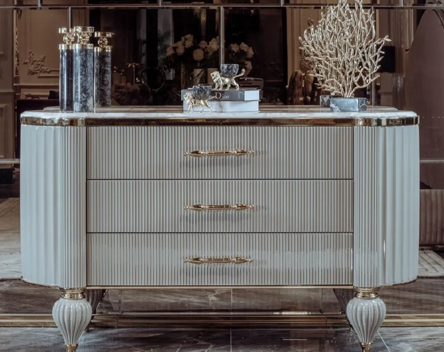 Casa Padrino Luxus Art Deco Kommode Grau / Weiß / Gold - Prunkvolle Kommode mit 3 Schubladen und Kunstmarmor Platte - Art Deco Schlafzimmer & Hotel Möbel - Luxus Kollektion