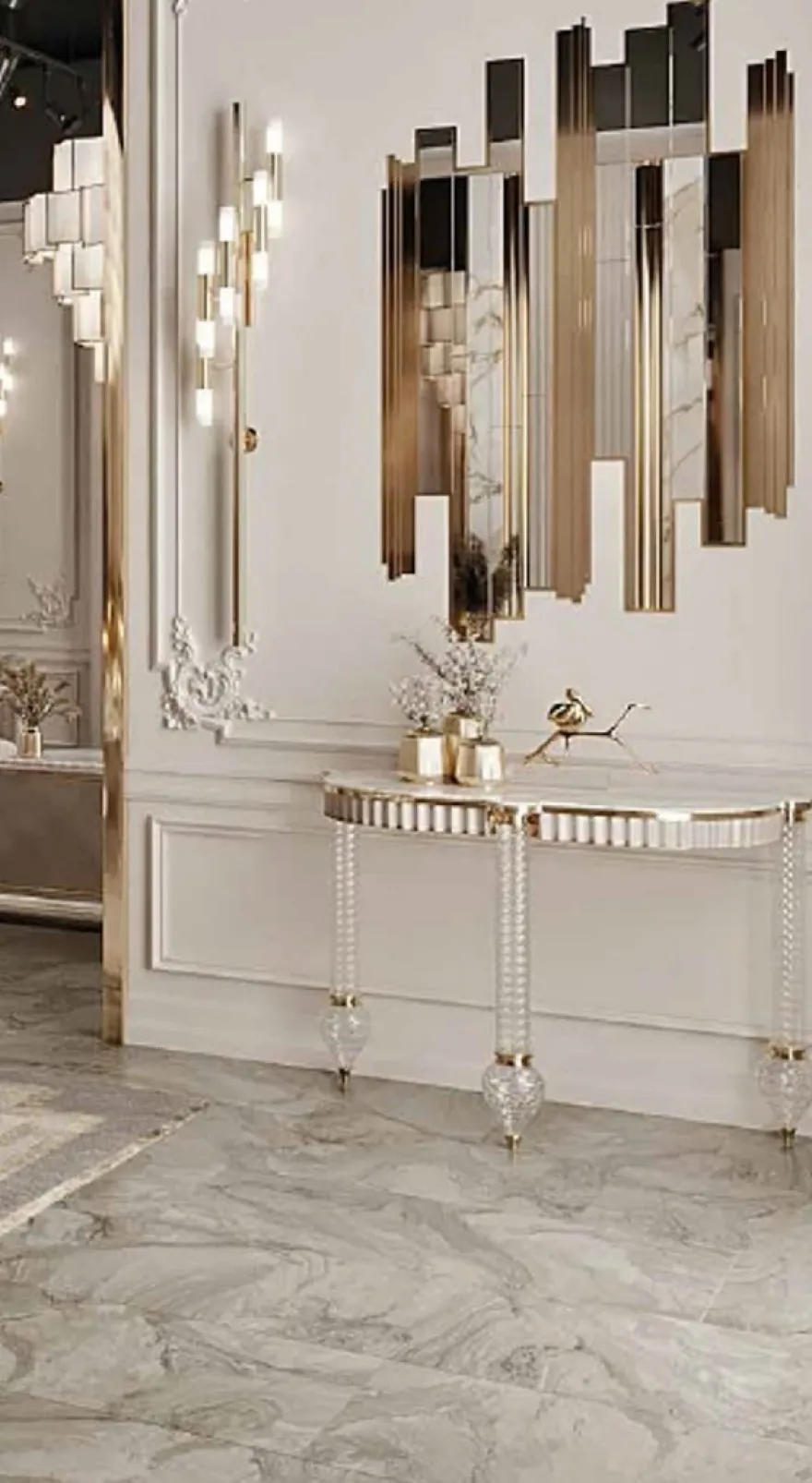Casa Padrino Luxus Art Deco Konsole Weiß / Gold 150 x 45,5 x H. 77 cm - Konsolentisch mit Kunstmarmor Tischplatte und eleganten Glas Beinen - Luxus Möbel - Art Deco Möbel