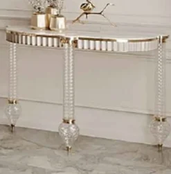 Casa Padrino Luxus Art Deco Konsole Weiß / Gold 150 x 45,5 x H. 77 cm - Konsolentisch mit Kunstmarmor Tischplatte und eleganten Glas Beinen - Luxus Möbel - Art Deco Möbel