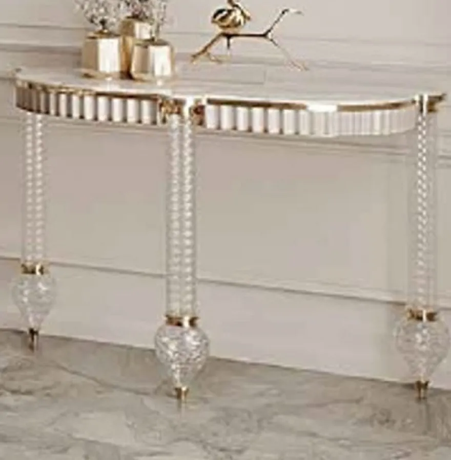 Casa Padrino Luxus Art Deco Konsole Weiß / Gold 150 x 45,5 x H. 77 cm - Konsolentisch mit Kunstmarmor Tischplatte und eleganten Glas Beinen - Luxus Möbel - Art Deco Möbel
