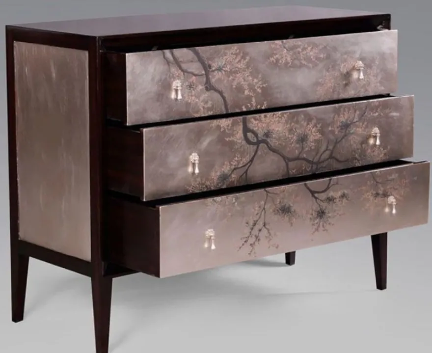 Casa Padrino Luxus Art Deco Kommode Dunkelbraun / Mehrfarbig 120 x 49 x H. 94 cm - Edle Mahagoni Kommode mit 3 Schubladen und elegantem japanischen Design - Luxus Möbel
