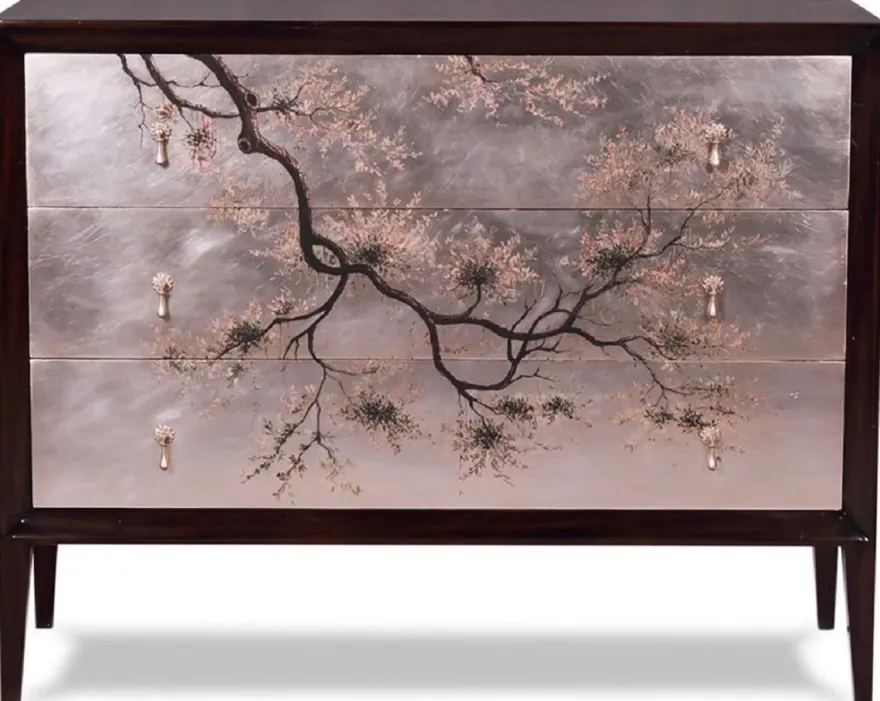 Casa Padrino Luxus Art Deco Kommode Dunkelbraun / Mehrfarbig 120 x 49 x H. 94 cm - Edle Mahagoni Kommode mit 3 Schubladen und elegantem japanischen Design - Luxus Möbel