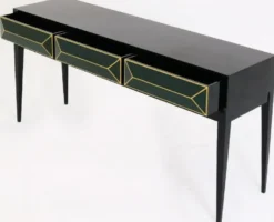 Casa Padrino Luxus Art Deco Konsole Schwarz / Grün / Gold 180 x 49 x H. 92 cm - Massivholz Konsolentisch mit 3 Schubladen in 3D Optik - Art Deco Möbel