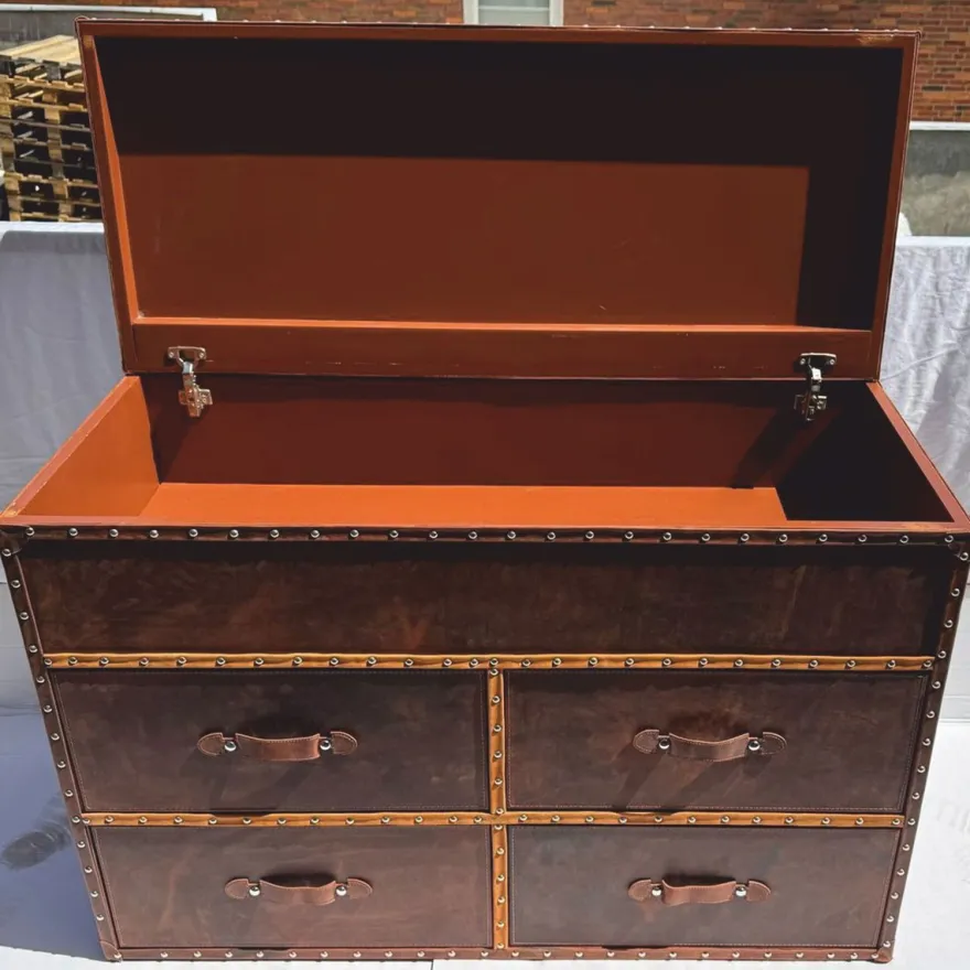 Casa Padrino Luxus Art Deco Kommode / Truhe Braun 125 cm - Leder Möbel