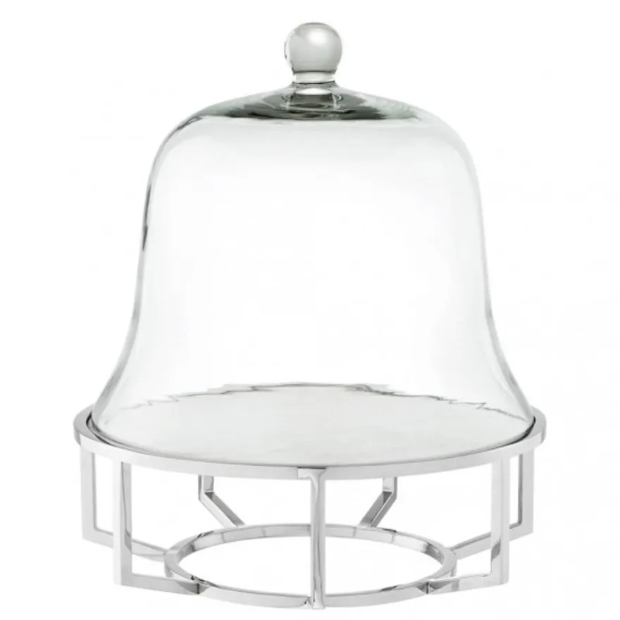 Casa Padrino Luxus Art Deco Kuchenglocke Edelstahl vernickelt mit weißem Marmor und Glasdeckel, 35 x H. 42 cm