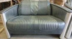 Casa Padrino Luxus Art Deco Leder Sofa Grau / Silber 172 x 70 x H. 82 cm - Aluminium Wohnzimmer Sofa mit Echtleder - Aluminium Flugzeug Flieger Sofa Möbel