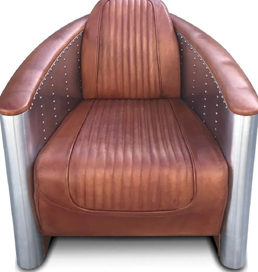 Casa Padrino Luxus Art Deco Leder Sessel 69 x 70 x H. 82 cm - Verschiedene Farben - Aluminium Wohnzimmer Sessel mit Echtleder - Aluminium Flugzeug Flieger Sessel Möbel