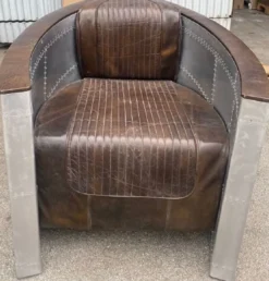 Casa Padrino Luxus Art Deco Leder Sessel Vintage Dunkelbraun / Silber - Aluminium Wohnzimmer Sessel mit hochwertigem Echtleder - Lounge Sessel - Flugzeug Flieger Echtleder Möbel