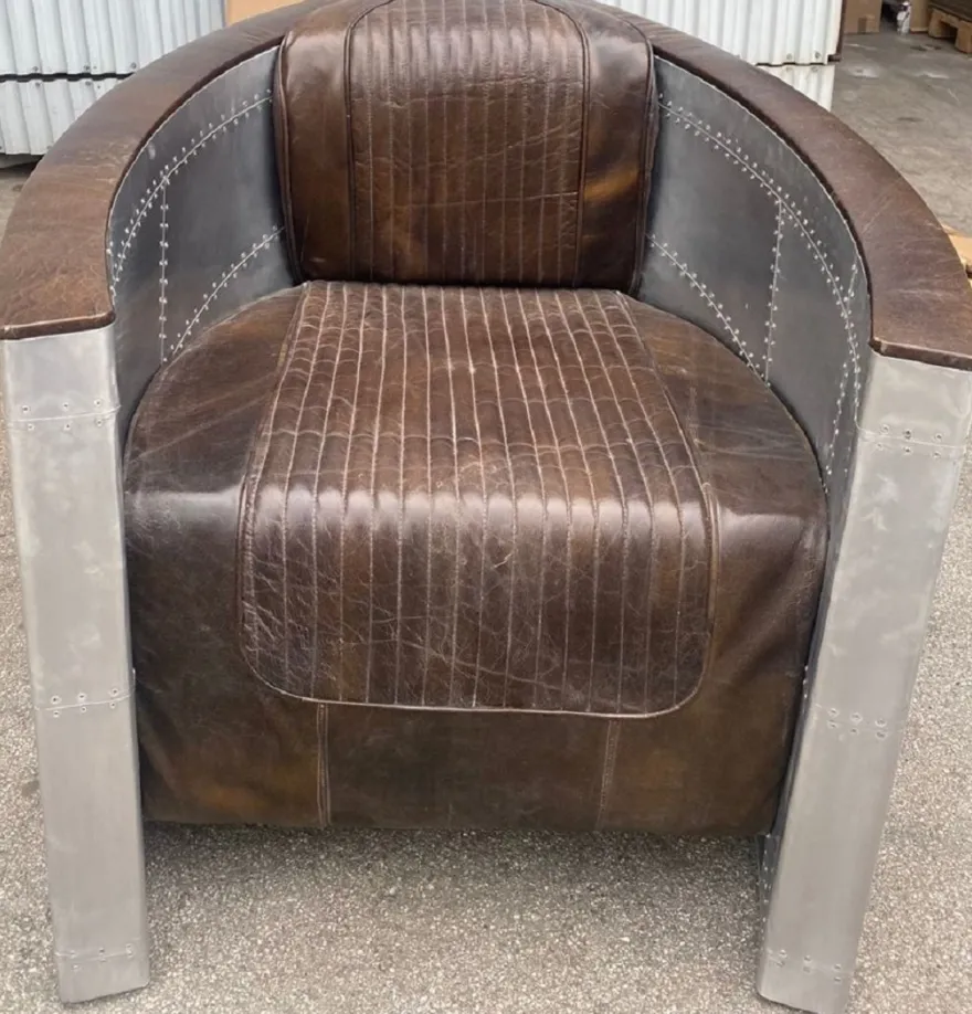 Casa Padrino Luxus Art Deco Leder Sessel Vintage Dunkelbraun / Silber - Aluminium Wohnzimmer Sessel mit hochwertigem Echtleder - Lounge Sessel - Flugzeug Flieger Echtleder Möbel