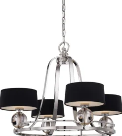 Casa Padrino Luxus Art Deco LED Kronleuchter Silber / Schwarz Ø 77,5 x H. 57,2 cm - Runder Metall Kronleuchter mit Lampenschirmen - Wohnzimmer Kronleuchter - Art Deco Leuchten - Luxus Leuchten