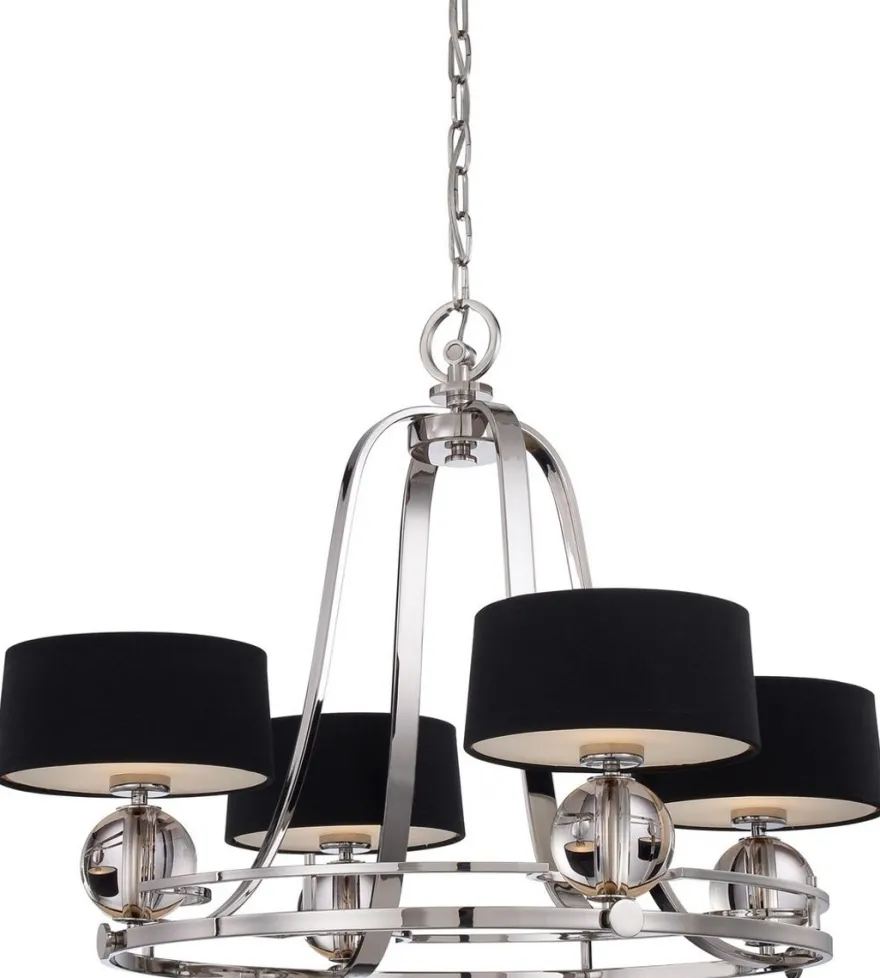 Casa Padrino Luxus Art Deco LED Kronleuchter Silber / Schwarz Ø 77,5 x H. 57,2 cm - Runder Metall Kronleuchter mit Lampenschirmen - Wohnzimmer Kronleuchter - Art Deco Leuchten - Luxus Leuchten