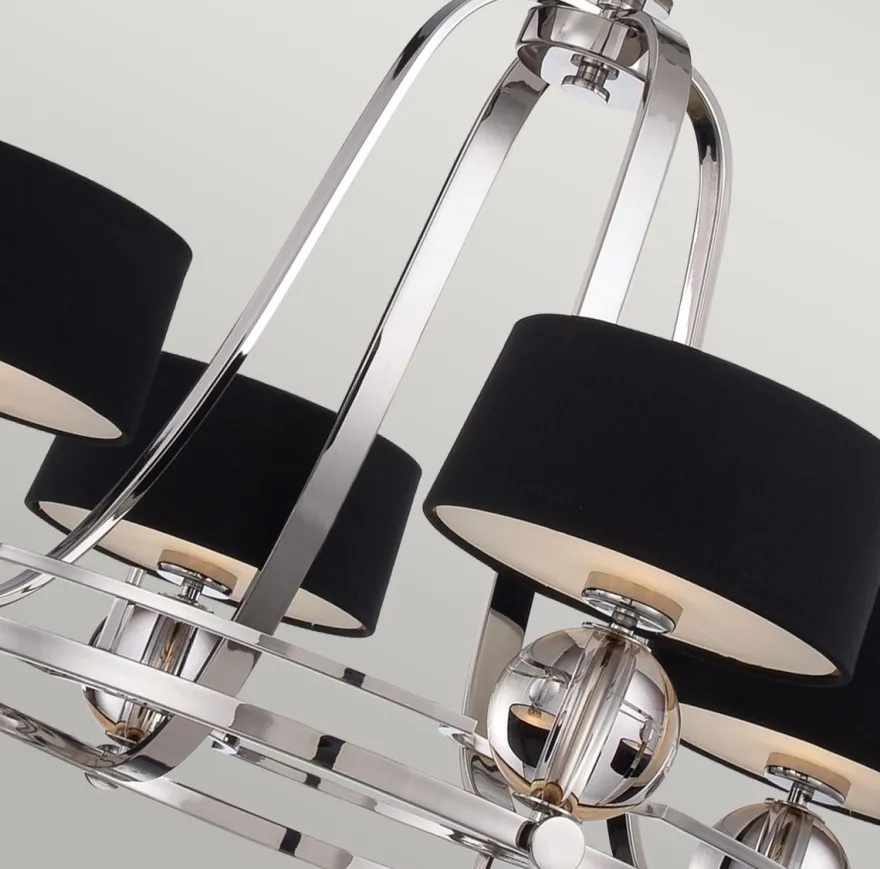 Casa Padrino Luxus Art Deco LED Kronleuchter Silber / Schwarz Ø 77,5 x H. 57,2 cm - Runder Metall Kronleuchter mit Lampenschirmen - Wohnzimmer Kronleuchter - Art Deco Leuchten - Luxus Leuchten