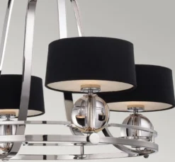 Casa Padrino Luxus Art Deco LED Kronleuchter Silber / Schwarz Ø 77,5 x H. 57,2 cm - Runder Metall Kronleuchter mit Lampenschirmen - Wohnzimmer Kronleuchter - Art Deco Leuchten - Luxus Leuchten