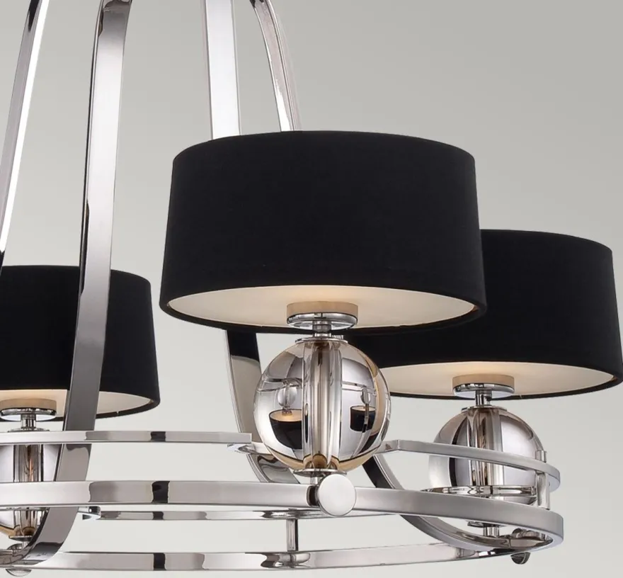Casa Padrino Luxus Art Deco LED Kronleuchter Silber / Schwarz Ø 77,5 x H. 57,2 cm - Runder Metall Kronleuchter mit Lampenschirmen - Wohnzimmer Kronleuchter - Art Deco Leuchten - Luxus Leuchten
